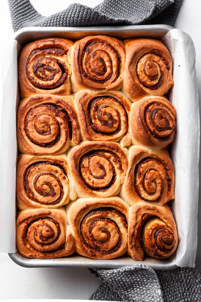Fig sticky buns out of the oven before being flipped so the glaze is not yet visible. 