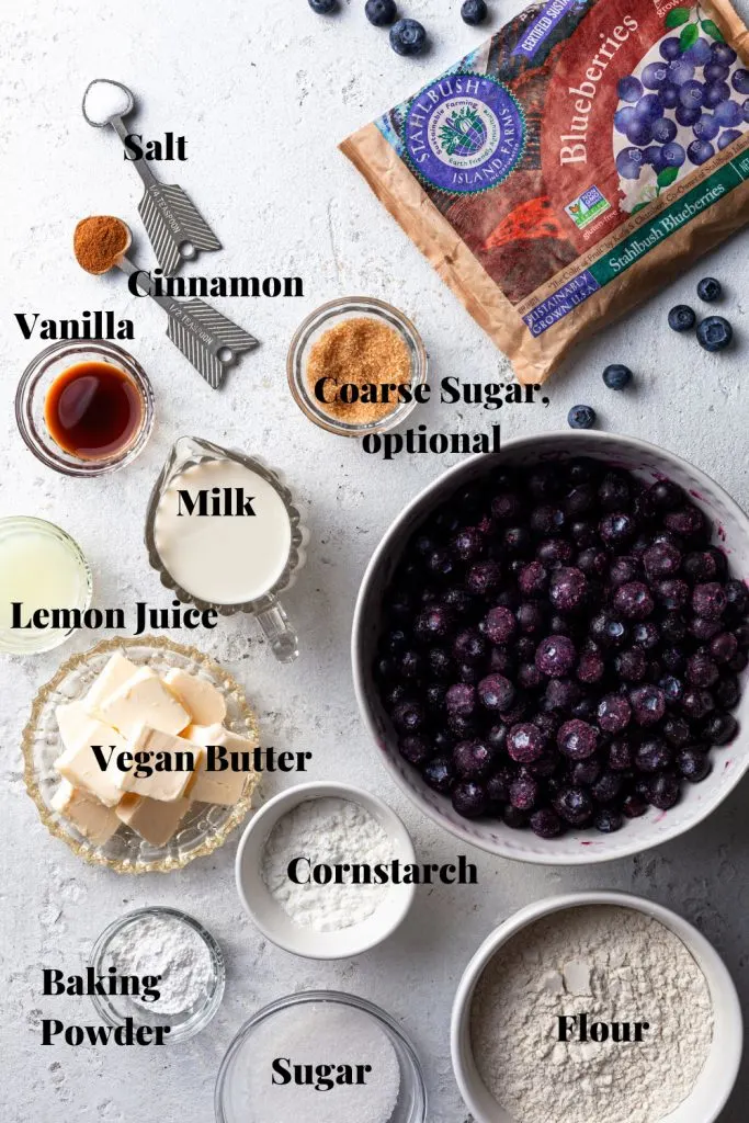 Ingredients measured out on a white counter including blueberries, flour, vegan butter, etc.
