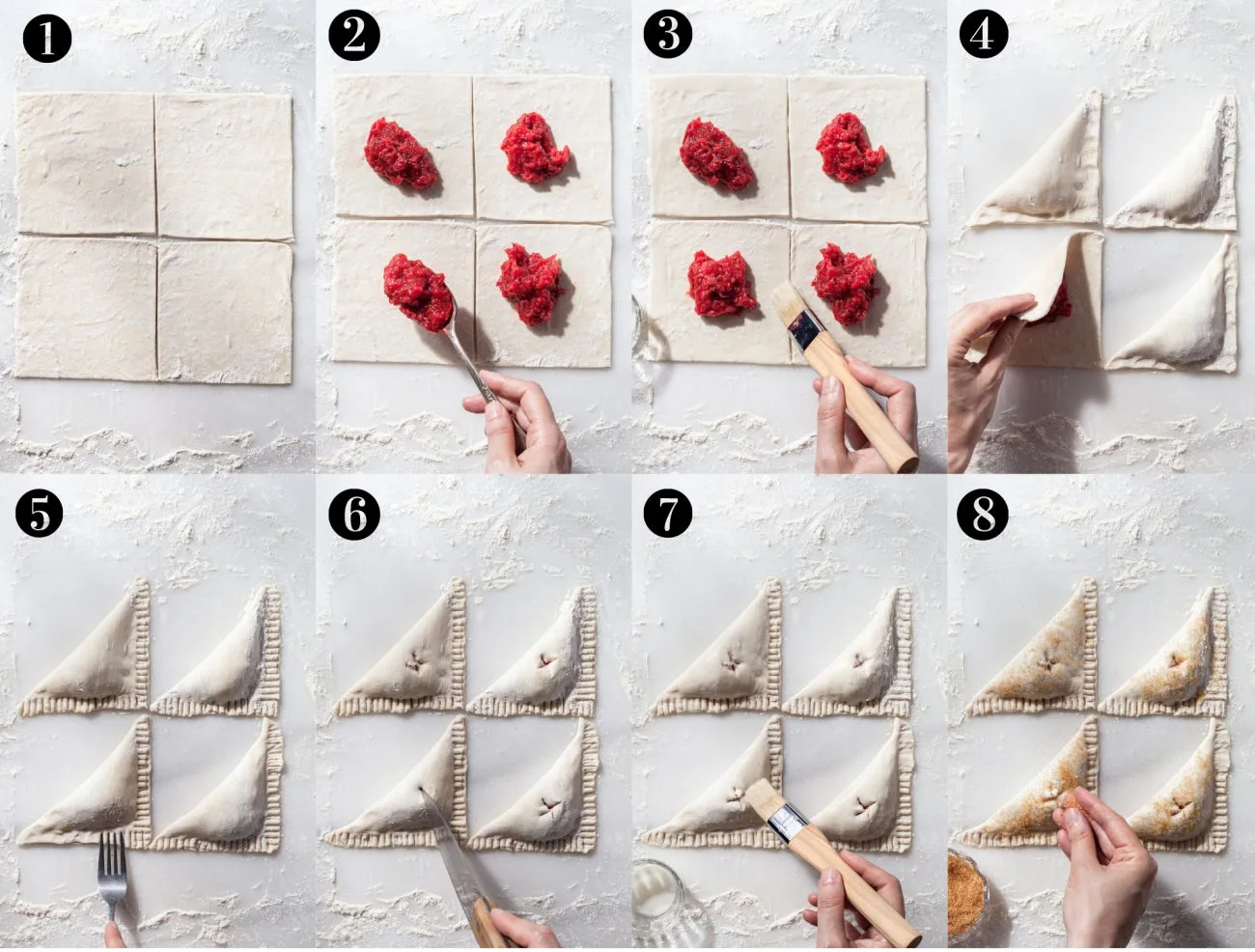 8 images demonstrating the step by step processes in assembling turnovers from cutting the pastry, spooning on the filling, brushing the edges with milk, folding the dough over the filling, crimping the edges with a fork, making ventilation slits with a knife in the pastry, brushing the tops with milk and finally sprinkling the tops with coarse sugar. 