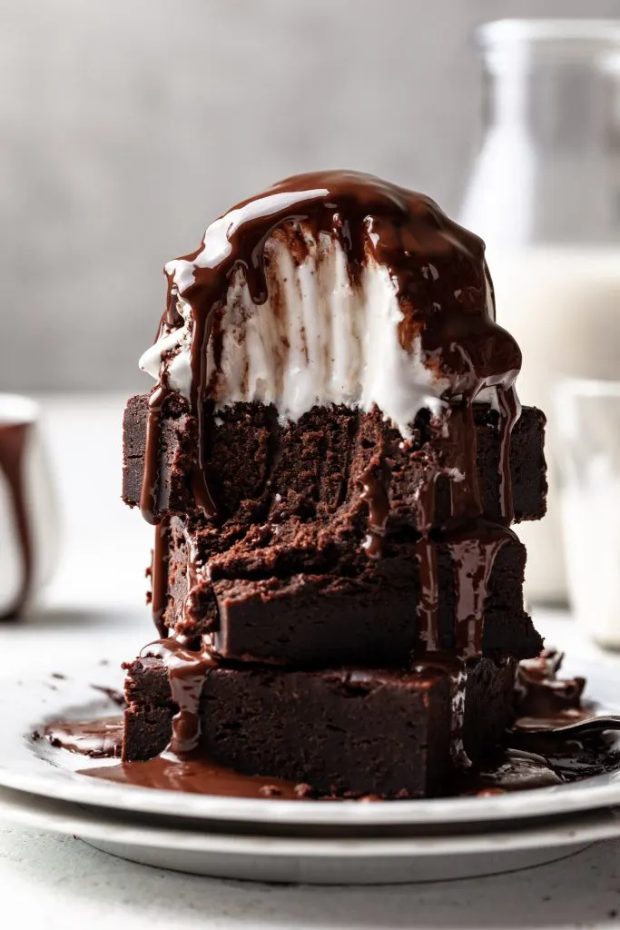 A close up of brownies topped with vanilla ice ream and chocolate sauce with a forkful missing. 
